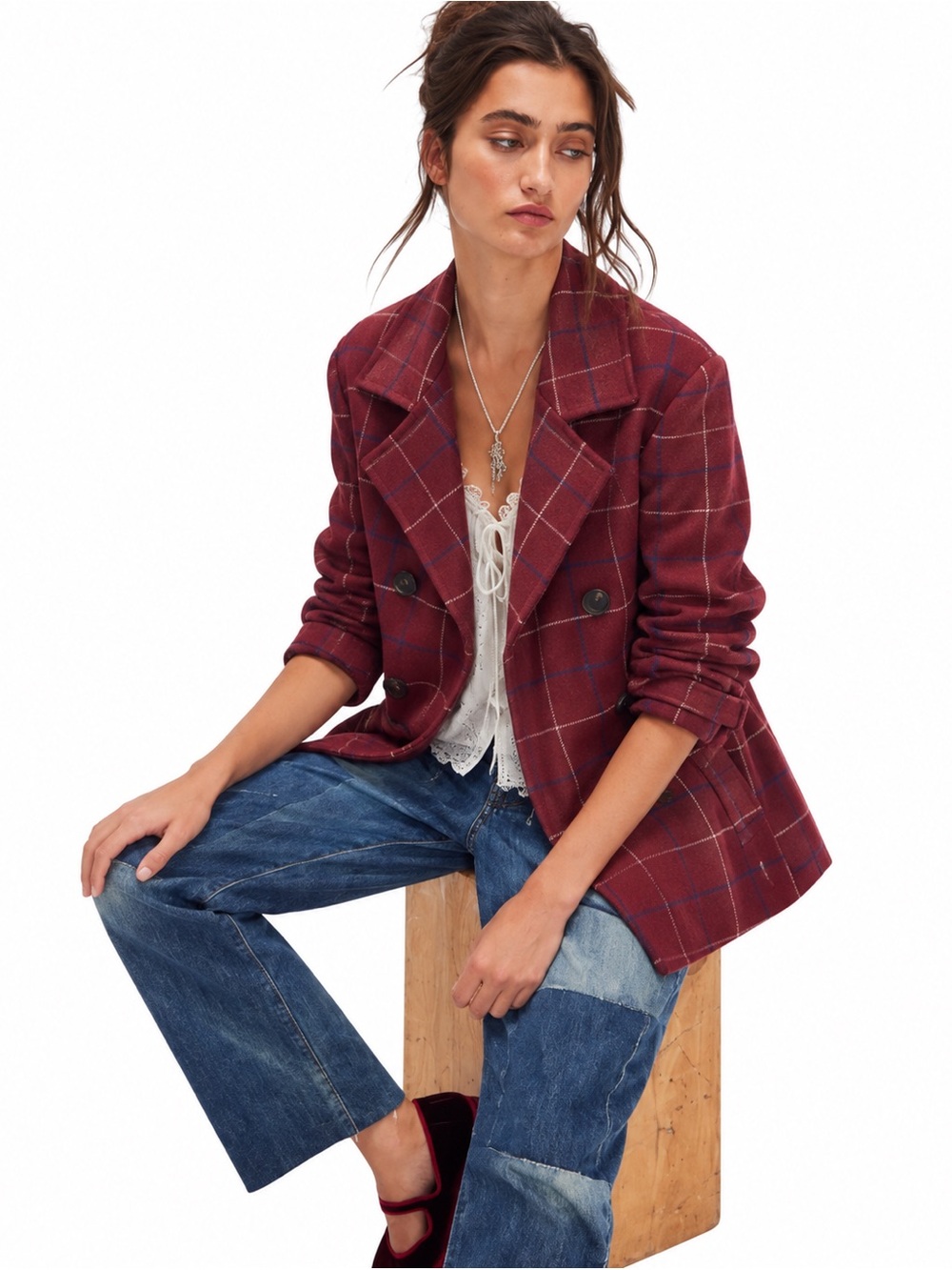 Levi’s San Francisco Wool Plaid Double-Breasted Blazer Jacket, Burgundy XL